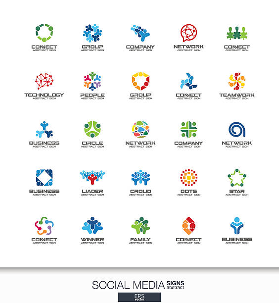 abstrakcyjny zestaw znaków dla firmy biznesowej. sieć, media społecznościowe i - interface icons business concepts ideas stock illustrations