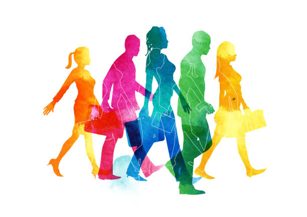 group of busy men and women commuters A group of busy men and women commuters walking in the city. Watercolour Vector illustration. business travel stock illustrations