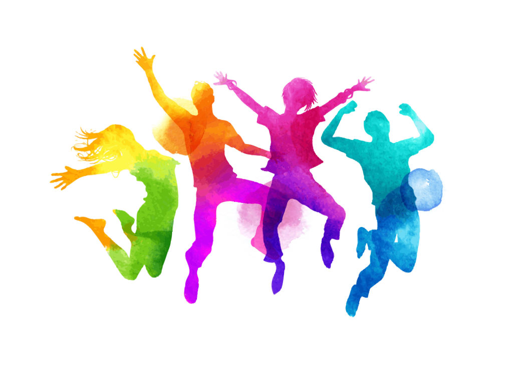 幸せを表現してジャンプする友人のグループ。水彩絵のベクトルイラスト。