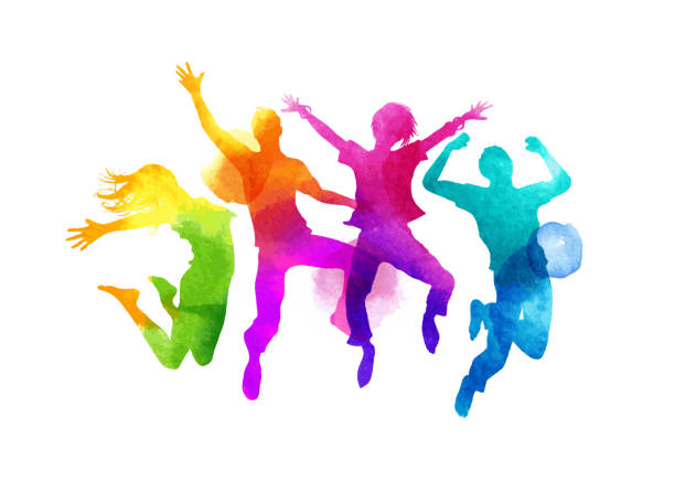 Watercolour Jumping Group of Friends Vector A group of friends jumping expressing happiness. Watercolour vector illustration. freedom illustrations stock illustrations