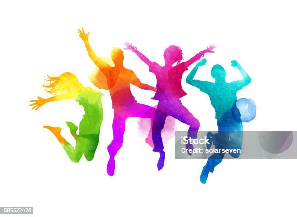 Watercolour Jumping Group Of Friends Vector Stock Illustration - Download Image Now - People, Sport, Jumping