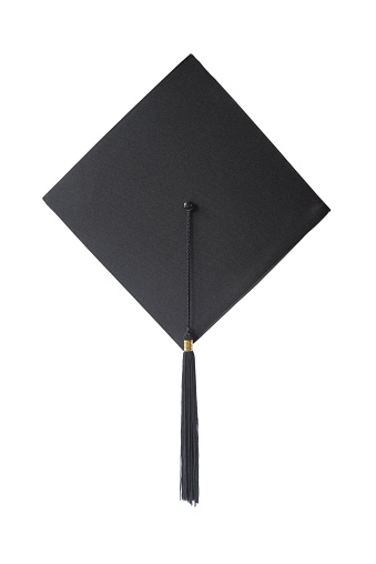 Black square graduate hat with a tassel isolated on white background; top view