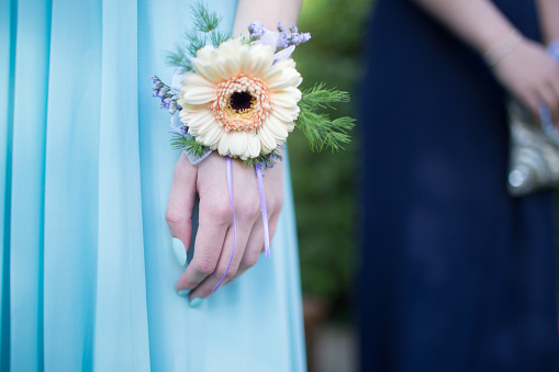 Girl wearing a powder blue dress with a corsage before a prom evening