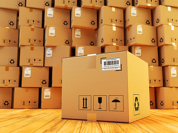 istock Distribution warehouse, package shipment, freight transportation and delivery concept 585525398