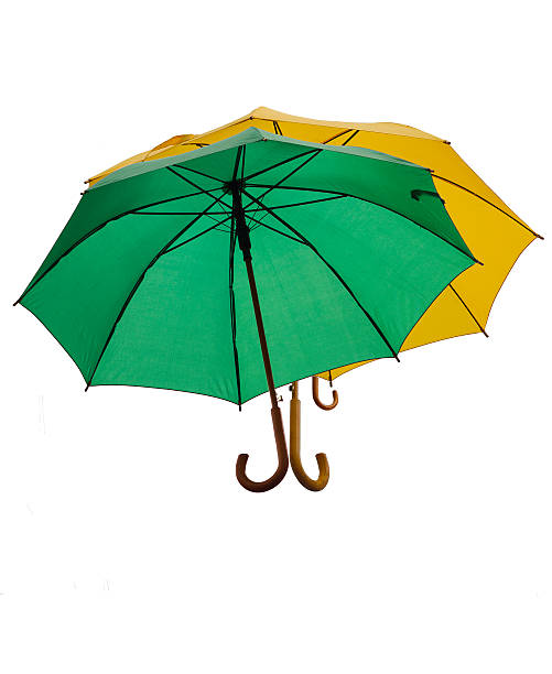 istock Three umbrellas on white background. Isolated umbrellas 585526004
