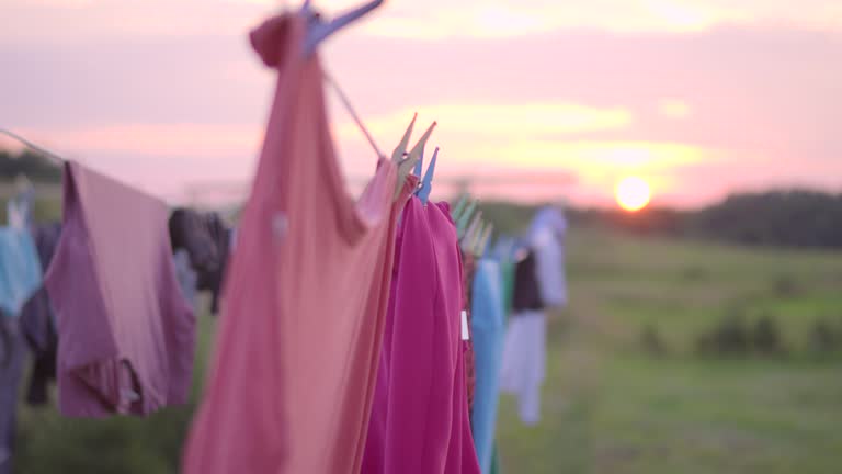 Clothing drying in the wind on sunset