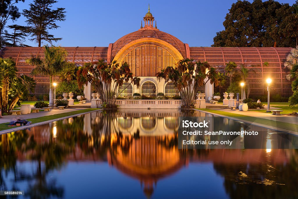 San Diego Botanical Gardens San Diego, CA, USA - February 25, 2016: The Plaza de Panama in Balboa Park at night. The park was established in 1868 and is renown for several architectural landmarks left as permanent additions from past expositions. San Diego Stock Photo