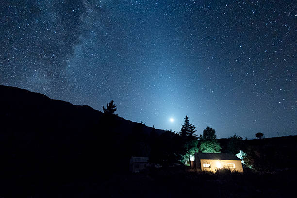 istock Country cottage with sky at night 585585122