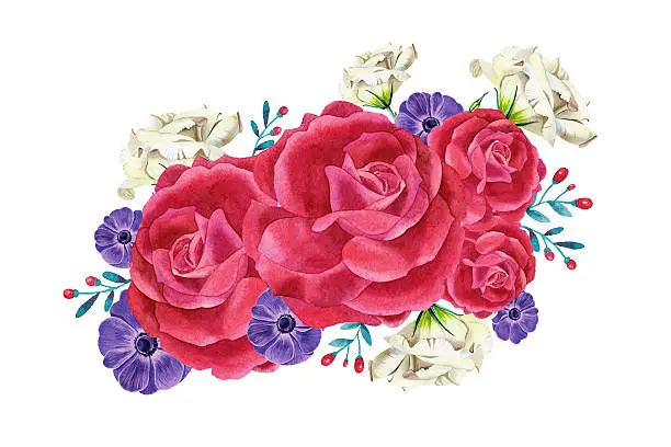 Bright, rich bouquet of roses, anemones, eustoma. Watercolor illustration flower arrangements.