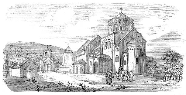 Orthodox monastery Studenica, Serbia Antique illustration of the Orthodox monastery Studenica, Serbia, UNESCO world heritage site. It is best known for its unique collection of 13th century frescoes. cloister stock illustrations