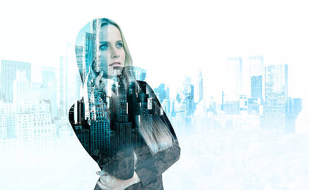 istock Attractive businesswoman on NY background 585588644