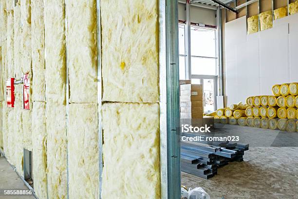 View At Unfinished Thermal Partition Dry Wall Stock Photo - Download Image Now - Insulation, Construction Industry, Wool