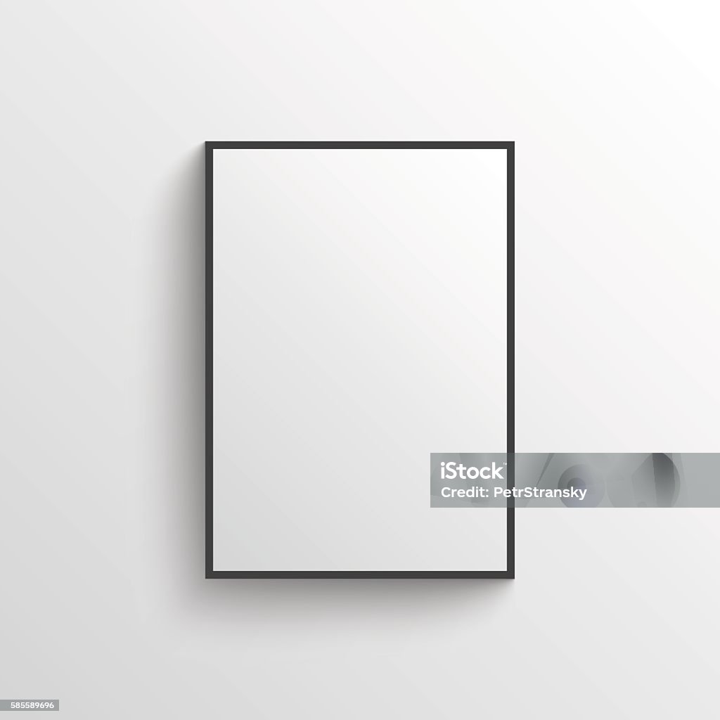 White blank poster with frame mock-up on grey wall White blank poster with black frame on grey wall with shadows. Mockup vector template. Picture Frame stock vector