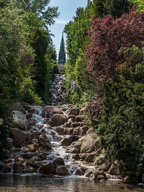 Zlaty creek and waterfall near small ponds in autumn evening in Opocno town