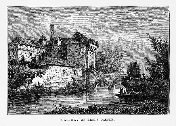리즈 성의 관문, 메이드스톤, 영국 랜드마크 빅토리아 인그레이빙, 1840년 - kent leeds castle castle moat stock illustrations