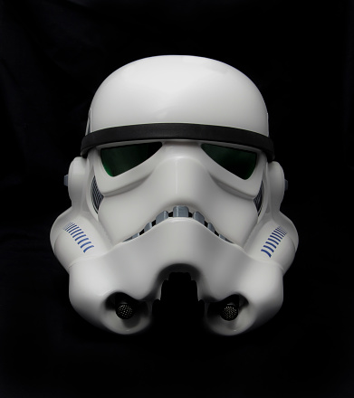 Bloomfield, NJ, United States - November 7, 2015: Studio portrait of an EFX brand Star Wars ANH Stormtrooper helmet. The Star Wars franchise is owned by Disney