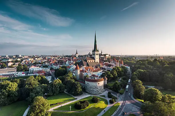 View over Old Town of Tallinn. Estonia. Drone shot.