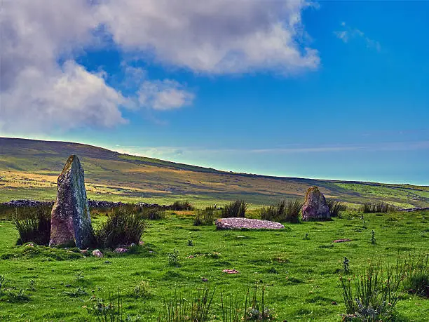 Bronze Age Standing Stones at Morva, an ancient monument of an alignment of five stones only three of which are still standing that were used by ancient peoples in religious rituals. Wales, UK.