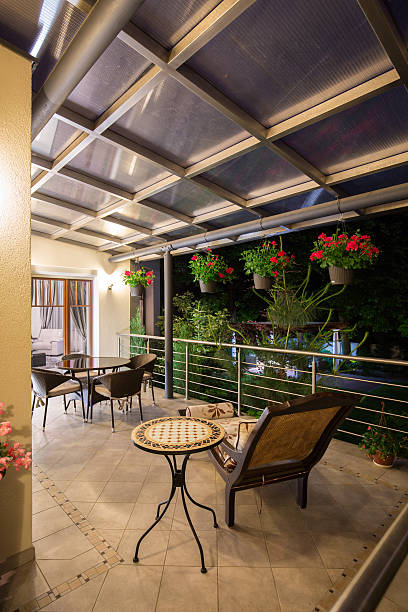 istock Stylish and illuminated terrace 585600952
