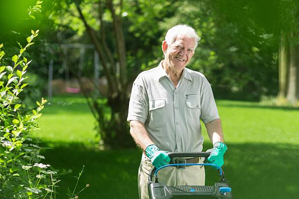 istock Elderly man mowing the lawn 585601150