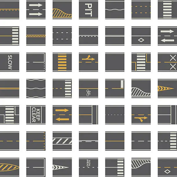 Vector illustration of Seamless Road Construction Tiles Kit - Overhead Perspective