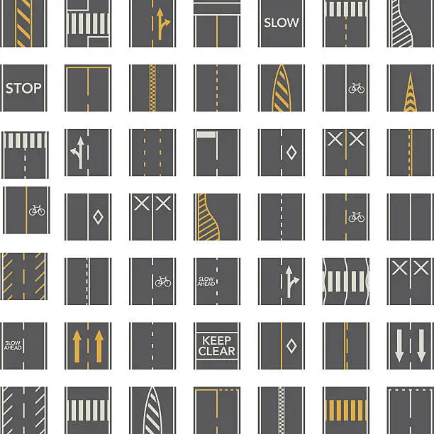 Vector illustration of Seamless Road Construction Tiles Kit - Overhead Perspective