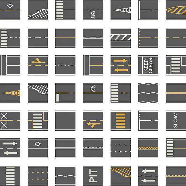 Vector illustration of Seamless Road Construction Tiles Kit - Overhead Perspective