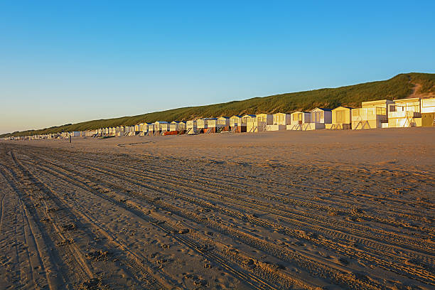 istock Beach huts on the beach near the dunes at sunset. 585605300