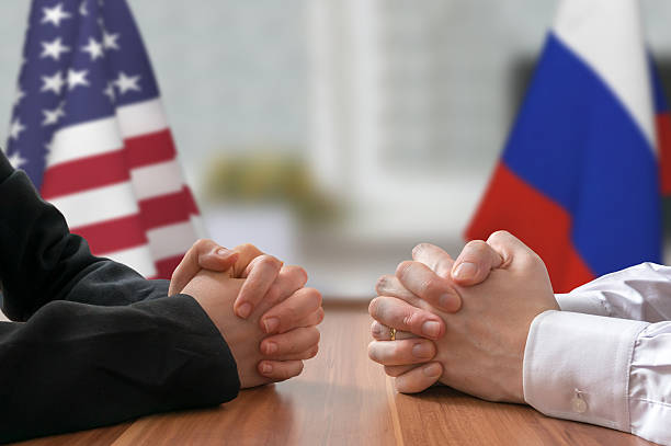 Negotiation of USA and Russia. Statesman or politicians. stock photo