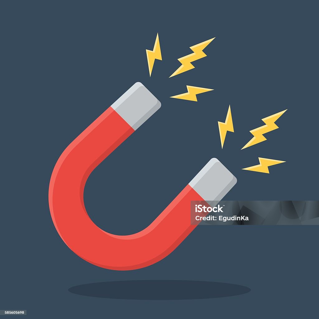 Red horseshoe magnet Red horseshoe magnet sign. Magnetism, magnetize, attraction concept. Flat design icon. Vector illustration on dark background with drop shadow Magnet stock vector