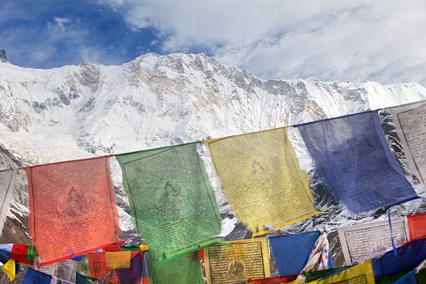 istock Buddhist prayer flags and Mount Annapurna from Annapurna base camp 585605948