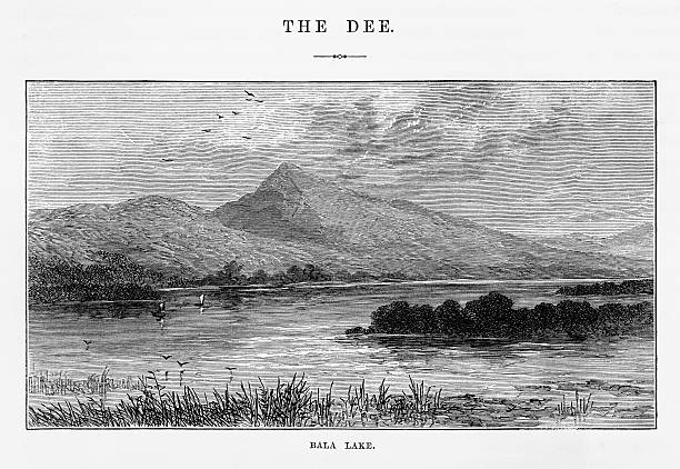 ilustrações, clipart, desenhos animados e ícones de lago bala, em gwynedd, wales landmarks victorian graving, 1840 - dee river illustrations