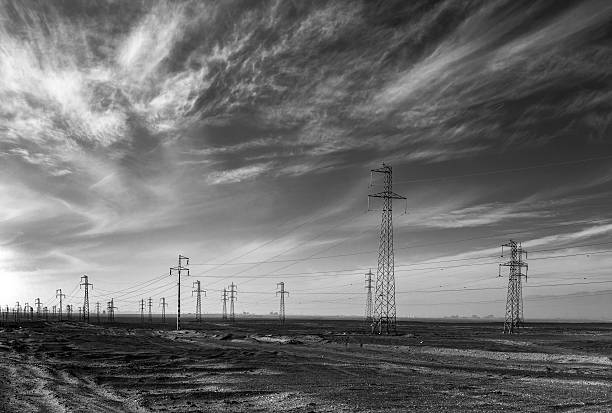istock Pylons in the desert. black and white 585607220