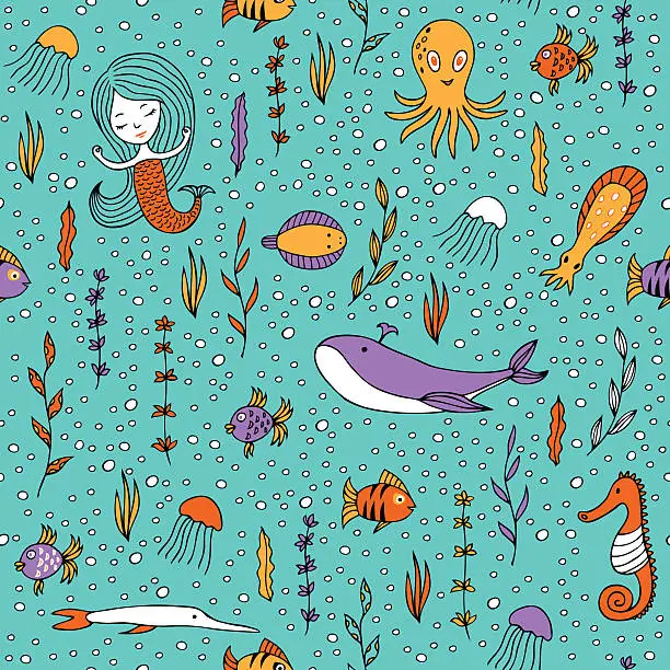 Vector illustration of Seamless pattern marine life.