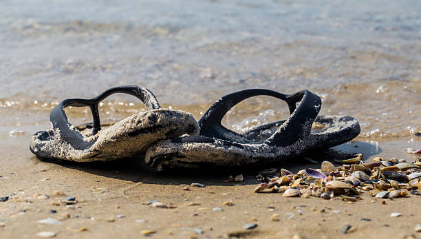 istock black flip flops on the beach, summer vacations 585608430