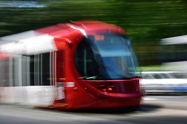 istock Motion blurred street car, tram, in Sydney 585608446
