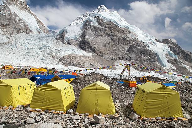 Mount Everest base camp, tents and prayer flags View from Mount Everest base camp, tents and prayer flags, sagarmatha national park, trek to Everest base camp - Nepal base camp stock pictures, royalty-free photos & images