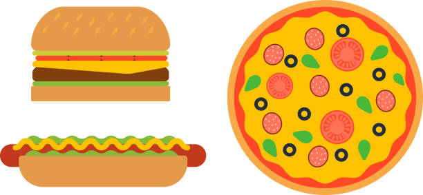 Hamburger and pizza fast food vector. Hamburger fast food and pizza tasty grilled american dinner. Hamburger classic cuisine gourmet fast food. Pizza with meat, lettuce and cheese sandwich fast food sandwich new hampshire stock illustrations