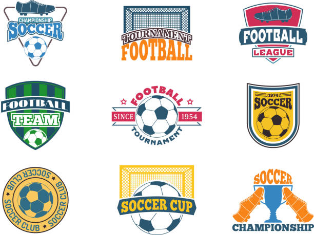 ilustraciones, imágenes clip art, dibujos animados e iconos de stock de insignia del vector de la muestra del balompié - crear escudos de futbol