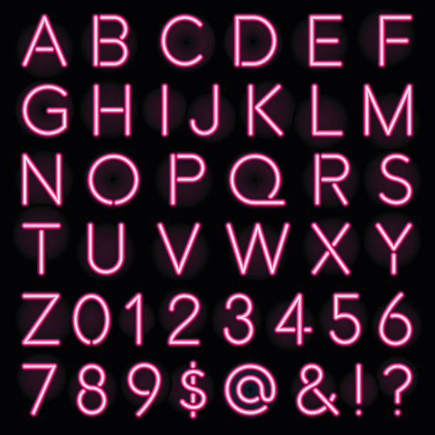 Pink Neon Style Lettering Alphabet Set A full alphabet set, including numbers, in the style of old fashioned neon lettering. The letters were created using expanded strokes, not transparencies, making them easier to print. Behind each letter is a subtle radial gradient giving a bit of a glow to the background: This can easily be turned off if you don't want to deal with printing gradients. neon lighting illustrations stock illustrations