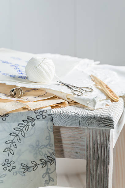 istock Vintage embroidered napkins made of white thread 585611280