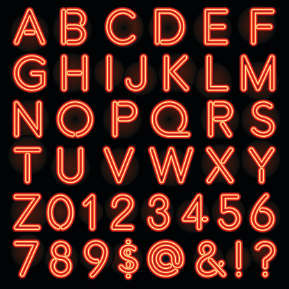 A full alphabet set, including numbers, in the style of old fashioned neon lettering. The letters were created using expanded strokes, not transparencies, making them easier to print. Behind each letter is a subtle radial gradient giving a bit of a glow to the background: This can easily be turned off if you don't want to deal with printing gradients.