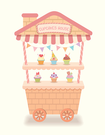 Illustration vector cute cart cupcakes  house cafe for shop.