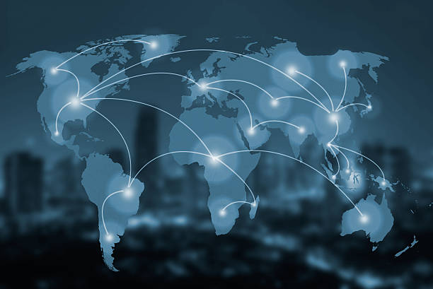 istock network and world map on blur city,networking concept 585617586
