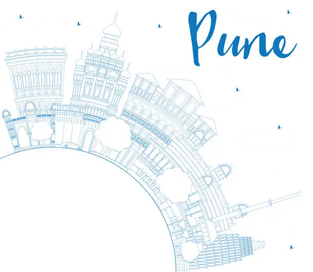 Vector illustration of Outline Pune Skyline with Blue Buildings and Copy Space.