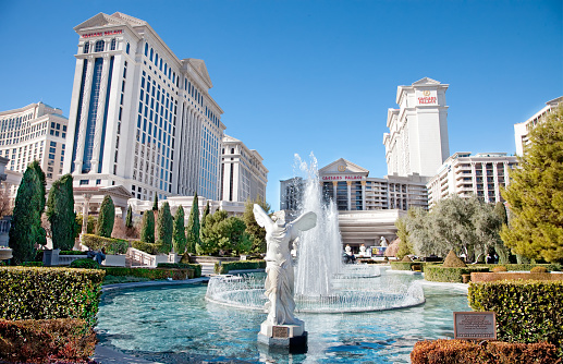 Las Vegas, USA - March 17, 2018 Aerial view of Las Vegas Strip at daytime in Nevada. The famous Las Vegas Strip with the Bellagio Fountain The Strip is home to the largest hotels and casinos in the world.