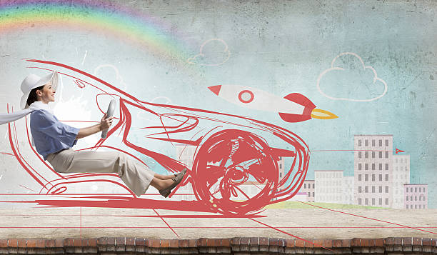 istock Woman driving old styled drawn car . Mixed media 585623540