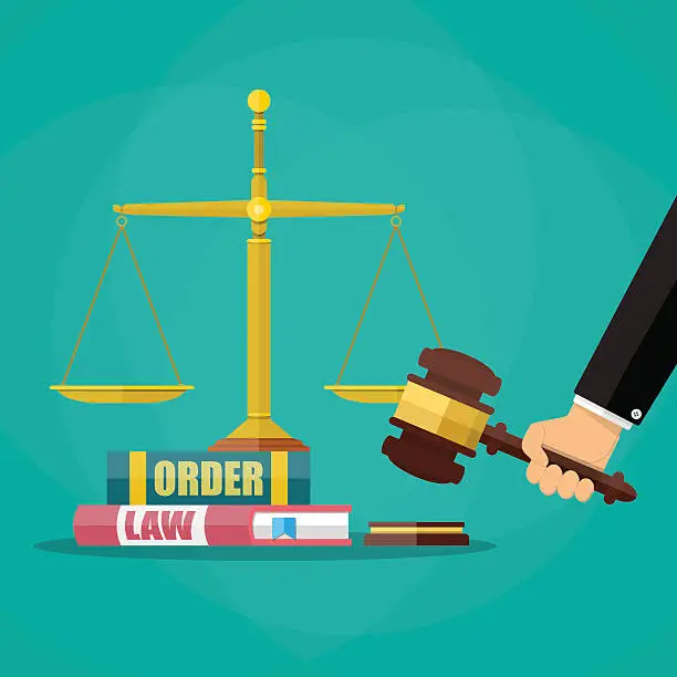 Vector illustration of Judge gavel with law books and scales