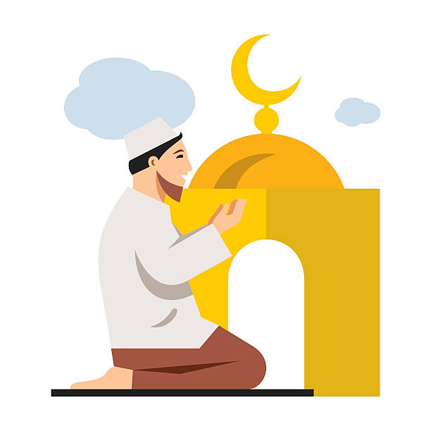 Vector Islamic Prayer. Flat style colorful Cartoon illustration. A man on his knees raises his hands to heaven in prayer. Isolated on a white background i love allah in arabic silhouettes stock illustrations