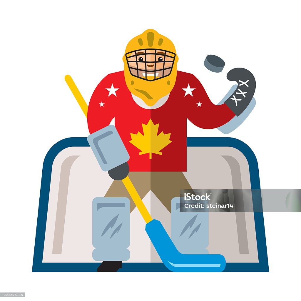 Vector Hockey goalkeeper. Flat style colorful Cartoon illustration. The sportsman in protective garb at the gate with a stick catches the puck. Isolated on a white background Hockey stock vector